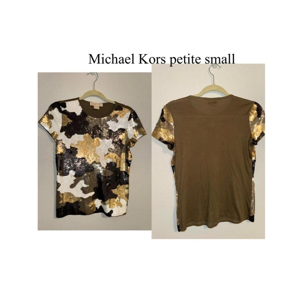 Michael Kors Gold Black White Sequin Camo Short Sleeve Top Olive Green Petite S